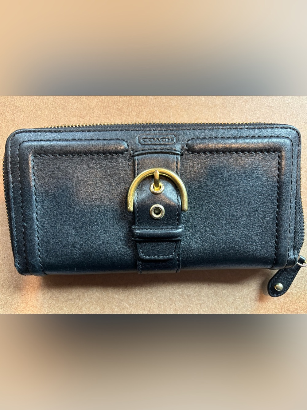 Coach Black Leather Zip Around Wallet with Brass Ring Accent